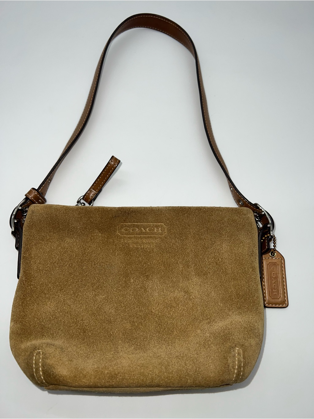 Coach Hampton Tan Suede And Leather Demi Bag W/Adjustable Leather Strap/Hang Tag